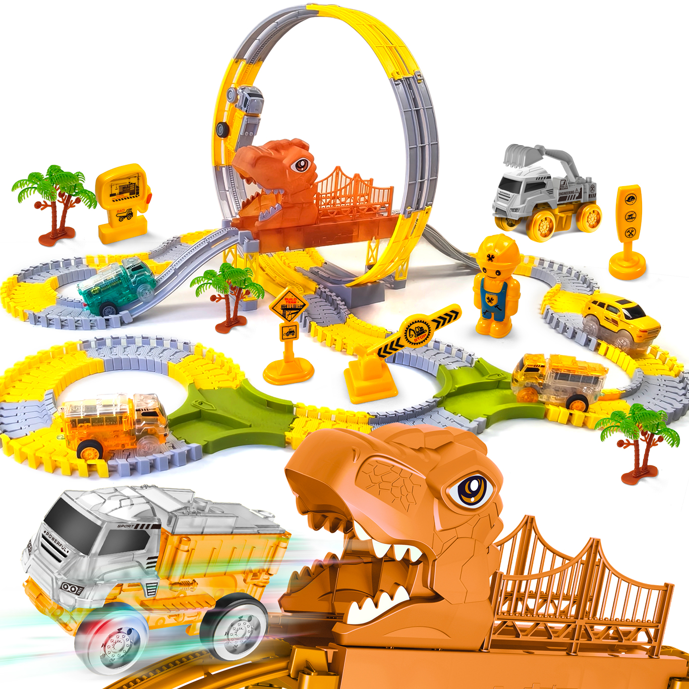 Toy Train Track Set - Dinosaur Themed Engineering Toy with Glow-in-the-Dark